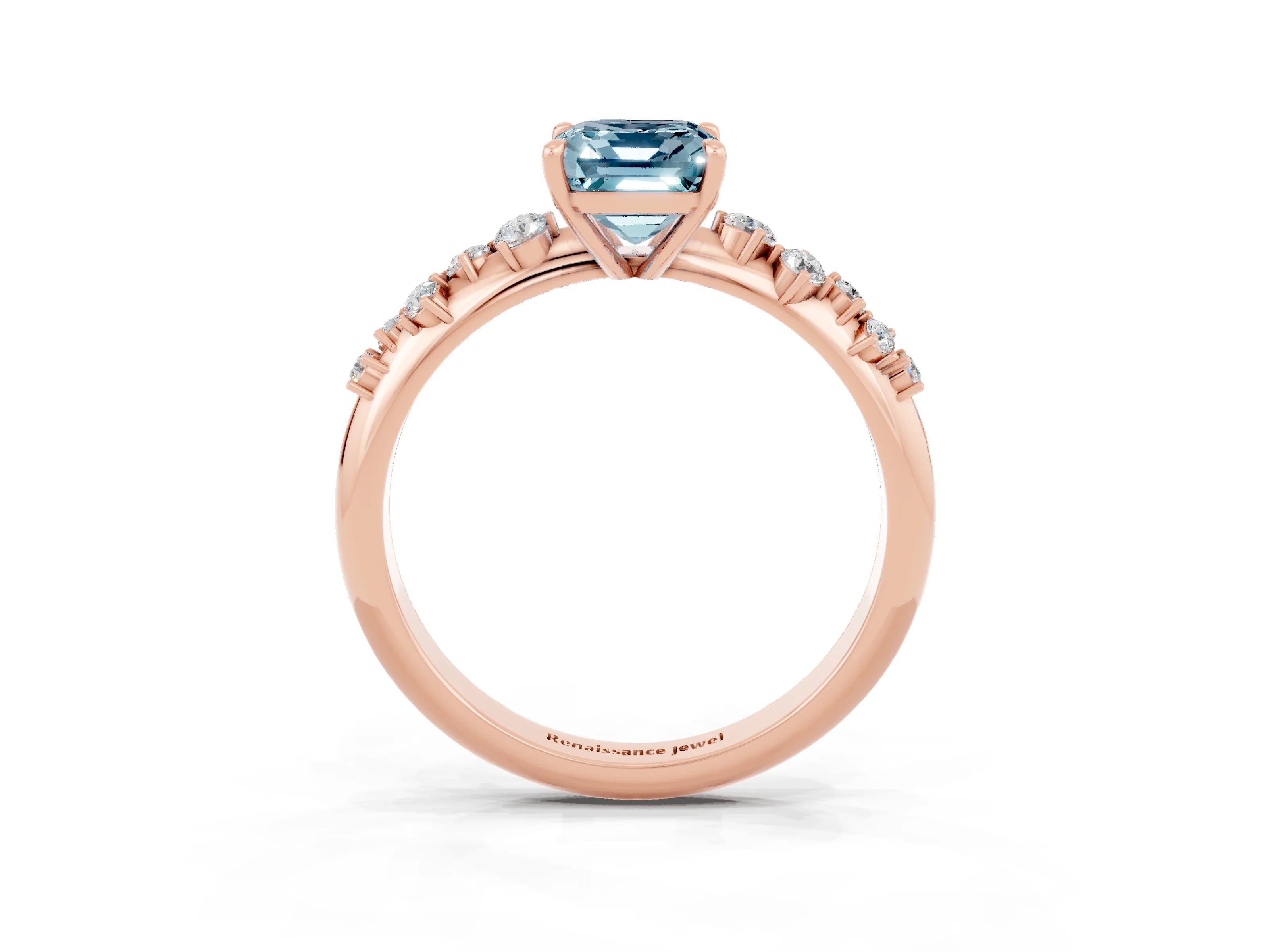 Rose gold Emerald Cut Aquamarine Cluster Side Stone Solitaire Ring with Prong Setting_27