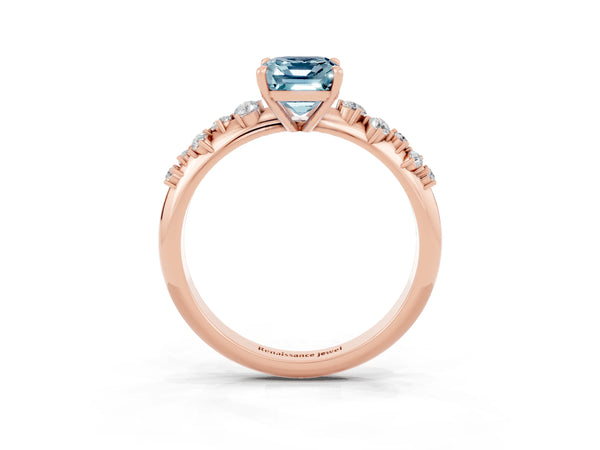 Rose gold Emerald Cut Aquamarine Cluster Side Stone Solitaire Ring with Prong Setting