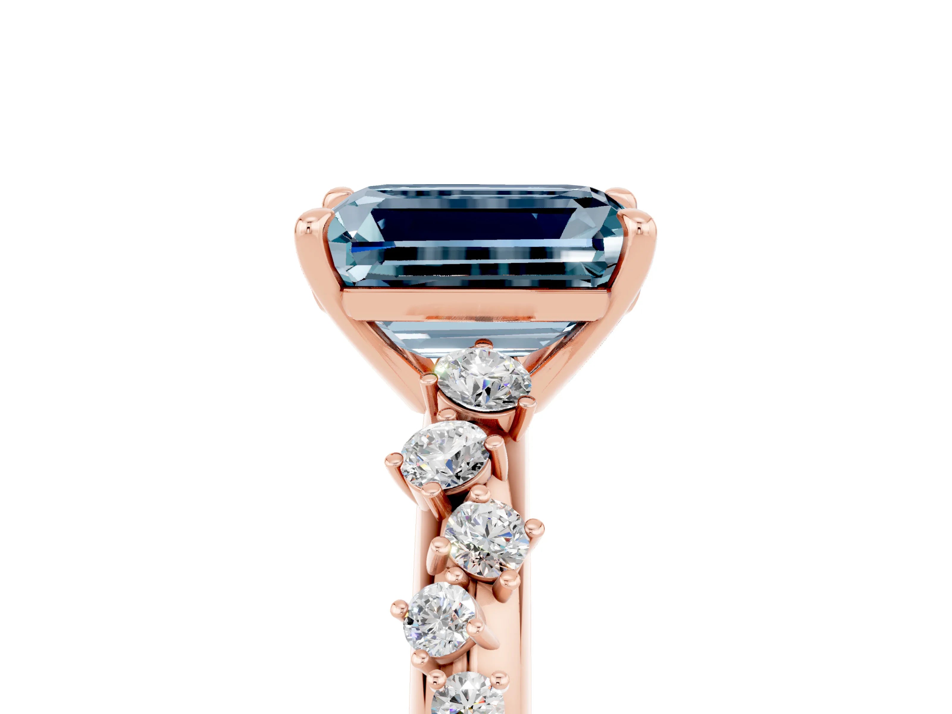 Rose gold Emerald Cut Aquamarine Cluster Side Stone Solitaire Ring with Prong Setting_29