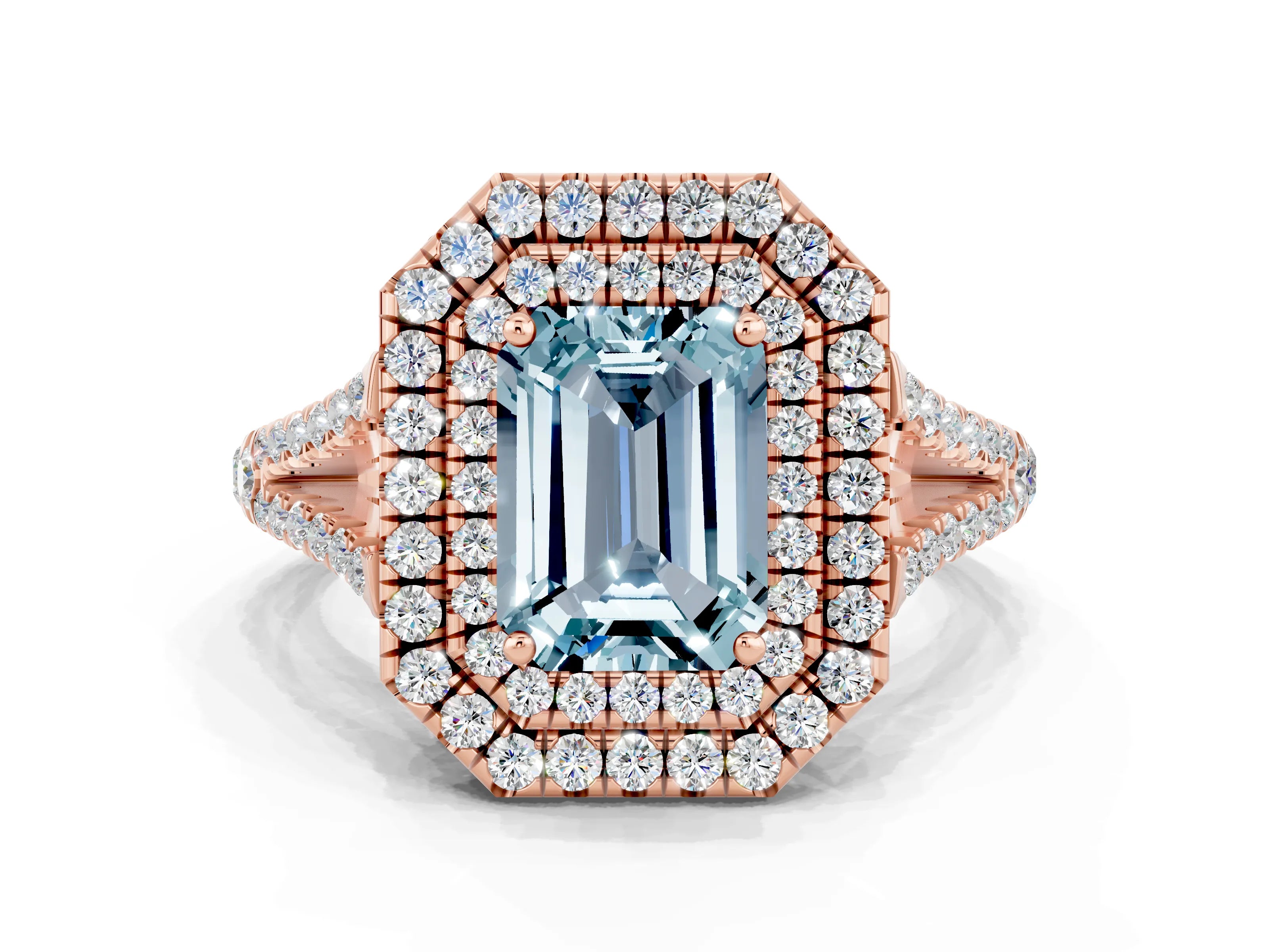 Rose gold Emerald Cut Aquamarine Double Halo Ring with Pavé Band and Prong Setting_12