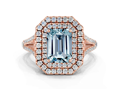 Rose gold Emerald Cut Aquamarine Double Halo Ring with Pavé Band and Prong Setting_12