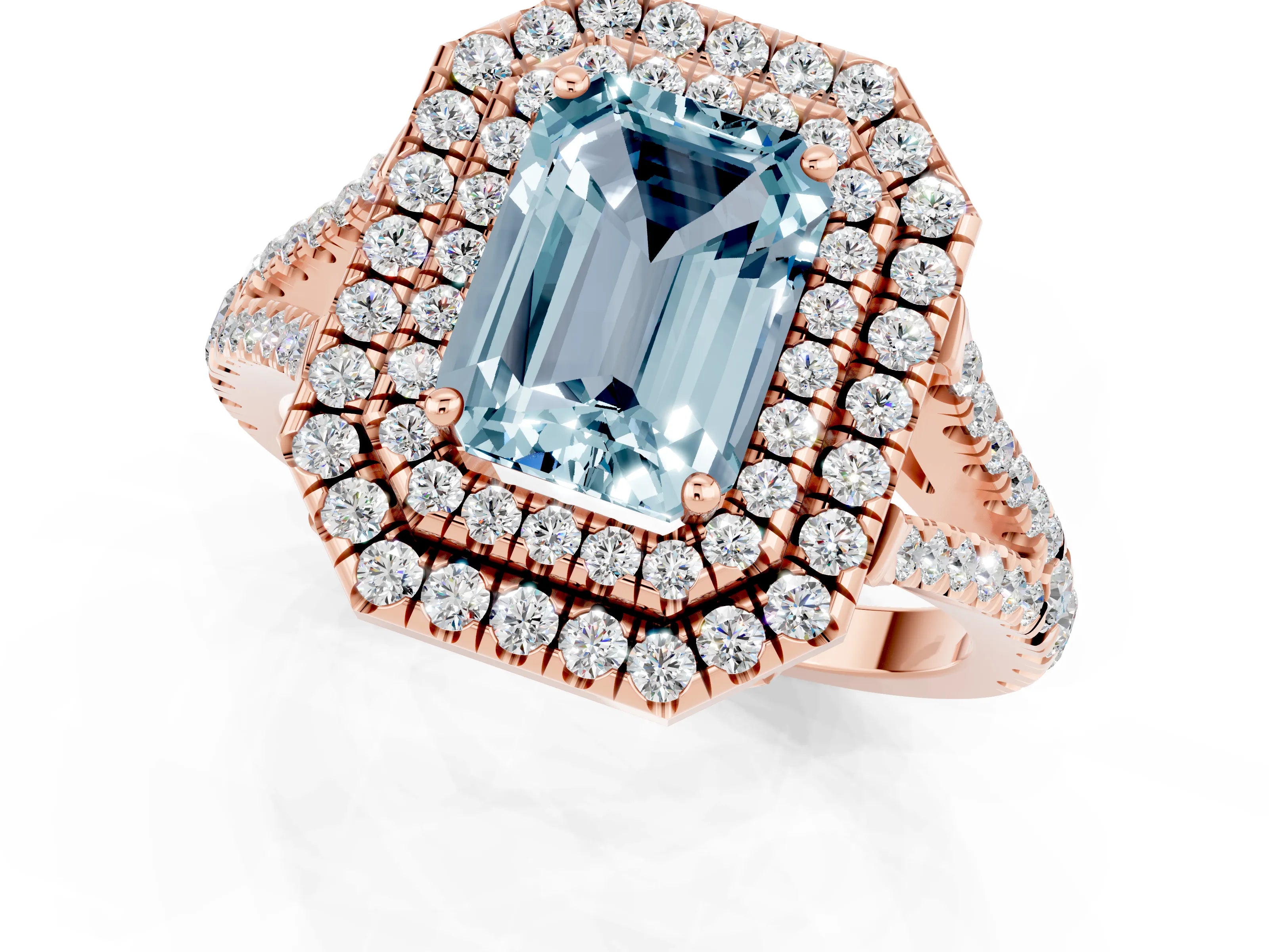 Rose gold Emerald Cut Aquamarine Double Halo Ring with Pavé Band and Prong Setting_13
