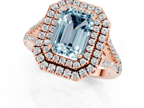 Rose gold Emerald Cut Aquamarine Double Halo Ring with Pavé Band and Prong Setting_13