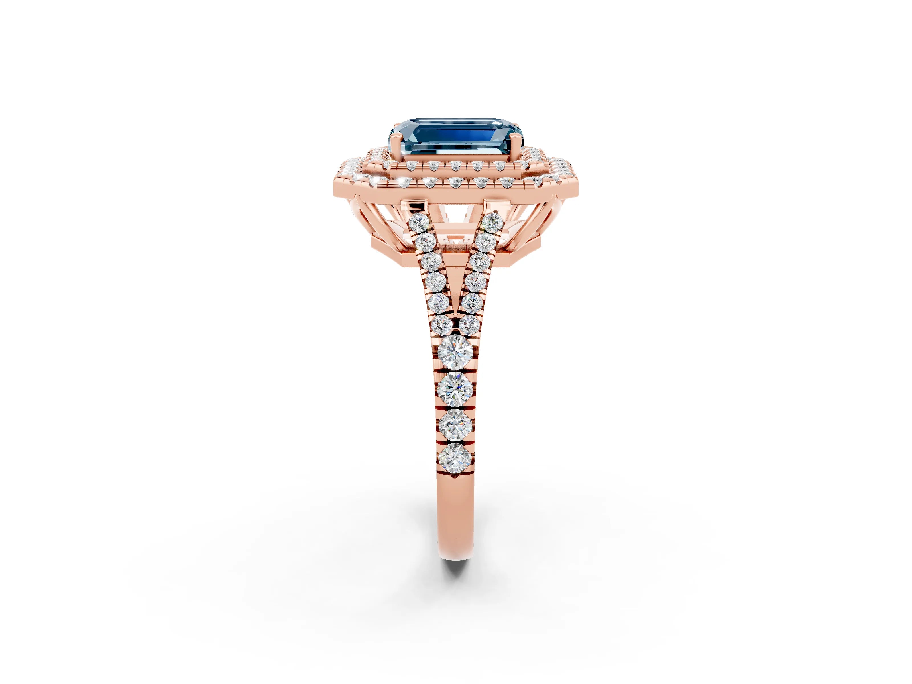 Rose gold Emerald Cut Aquamarine Double Halo Ring with Pavé Band and Prong Setting_14