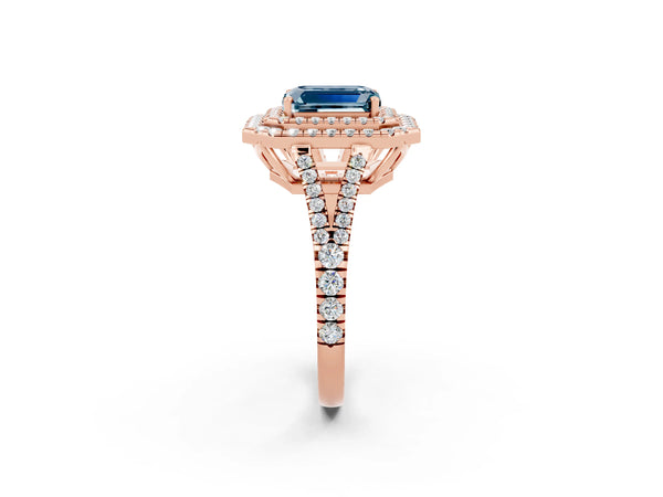 Rose gold Emerald Cut Aquamarine Double Halo Ring with Pavé Band and Prong Setting