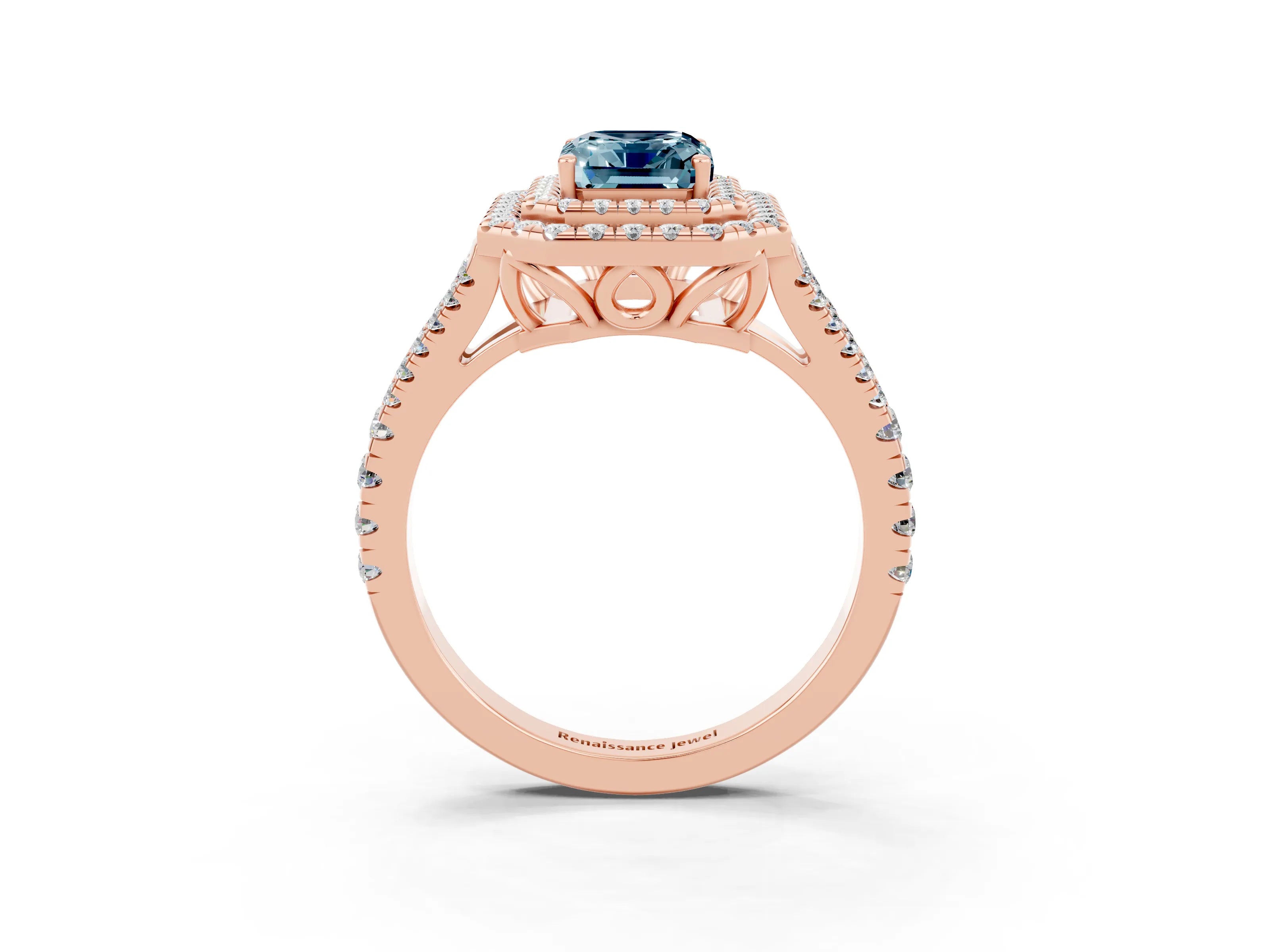 Rose gold Emerald Cut Aquamarine Double Halo Ring with Pavé Band and Prong Setting_15