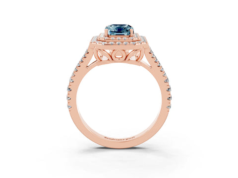 Rose gold Emerald Cut Aquamarine Double Halo Ring with Pavé Band and Prong Setting_15