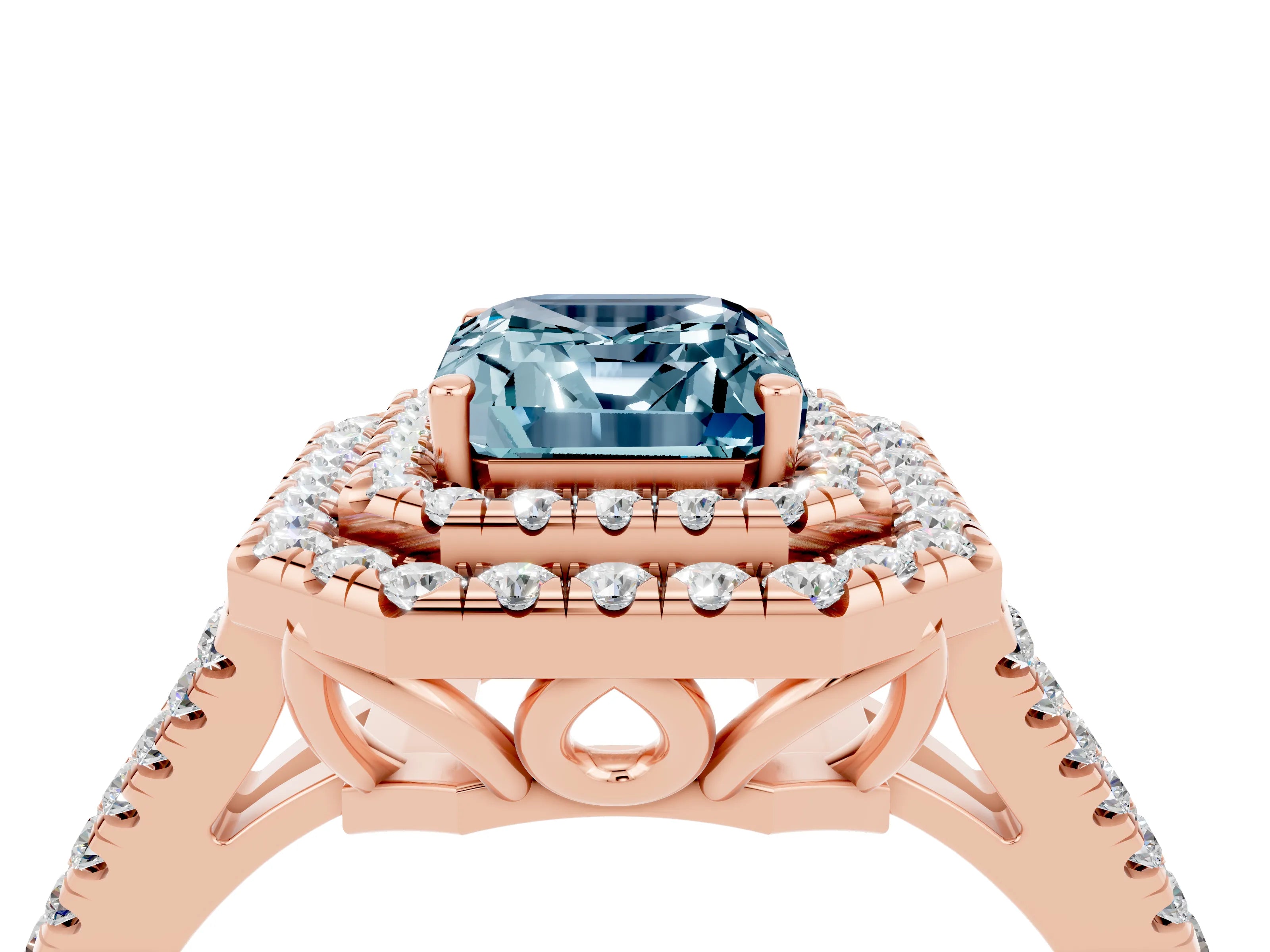 Rose gold Emerald Cut Aquamarine Double Halo Ring with Pavé Band and Prong Setting_16