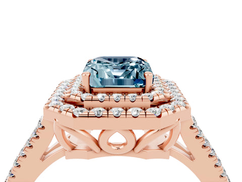 Rose gold Emerald Cut Aquamarine Double Halo Ring with Pavé Band and Prong Setting_16