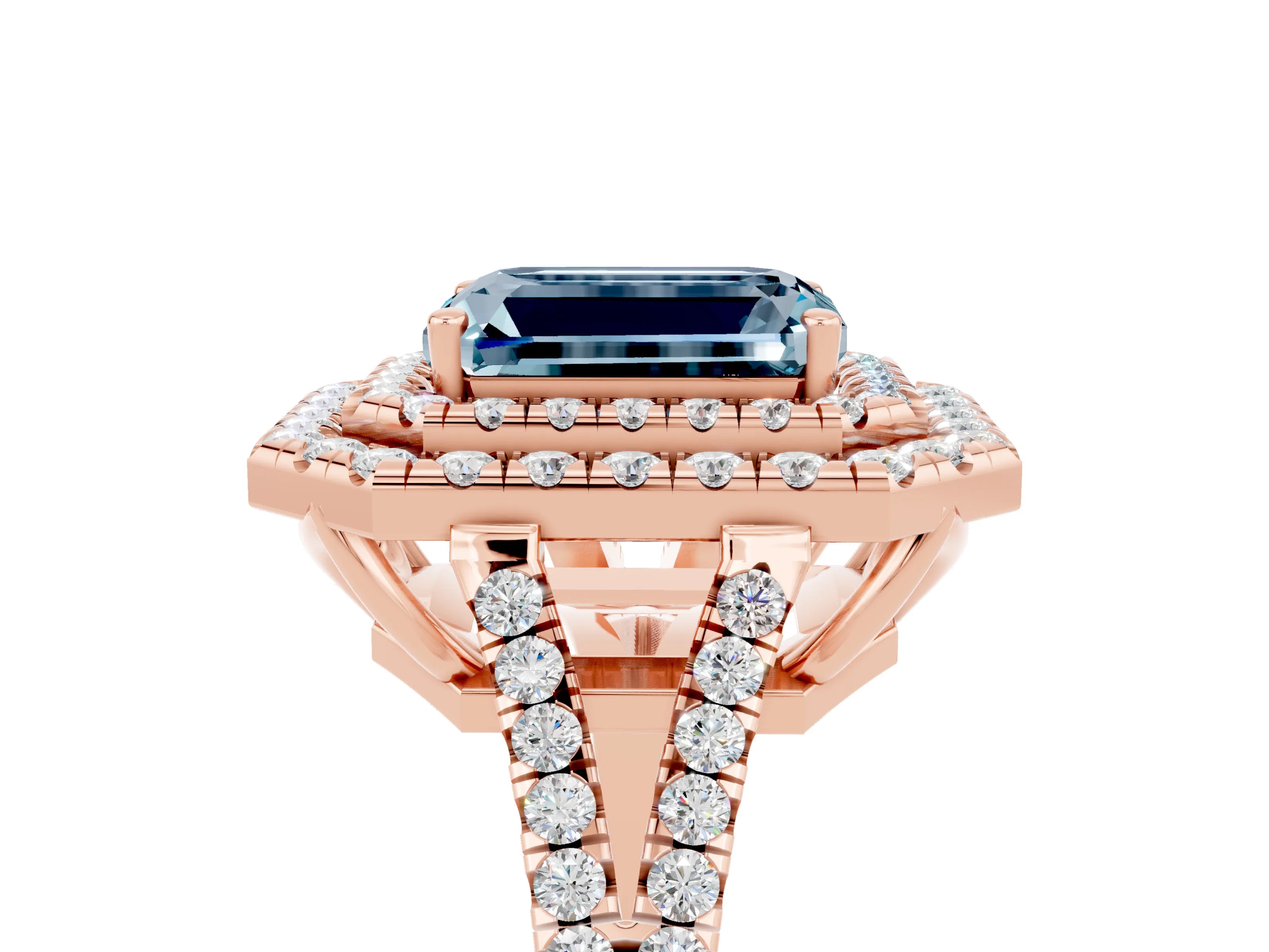 Rose gold Emerald Cut Aquamarine Double Halo Ring with Pavé Band and Prong Setting_17