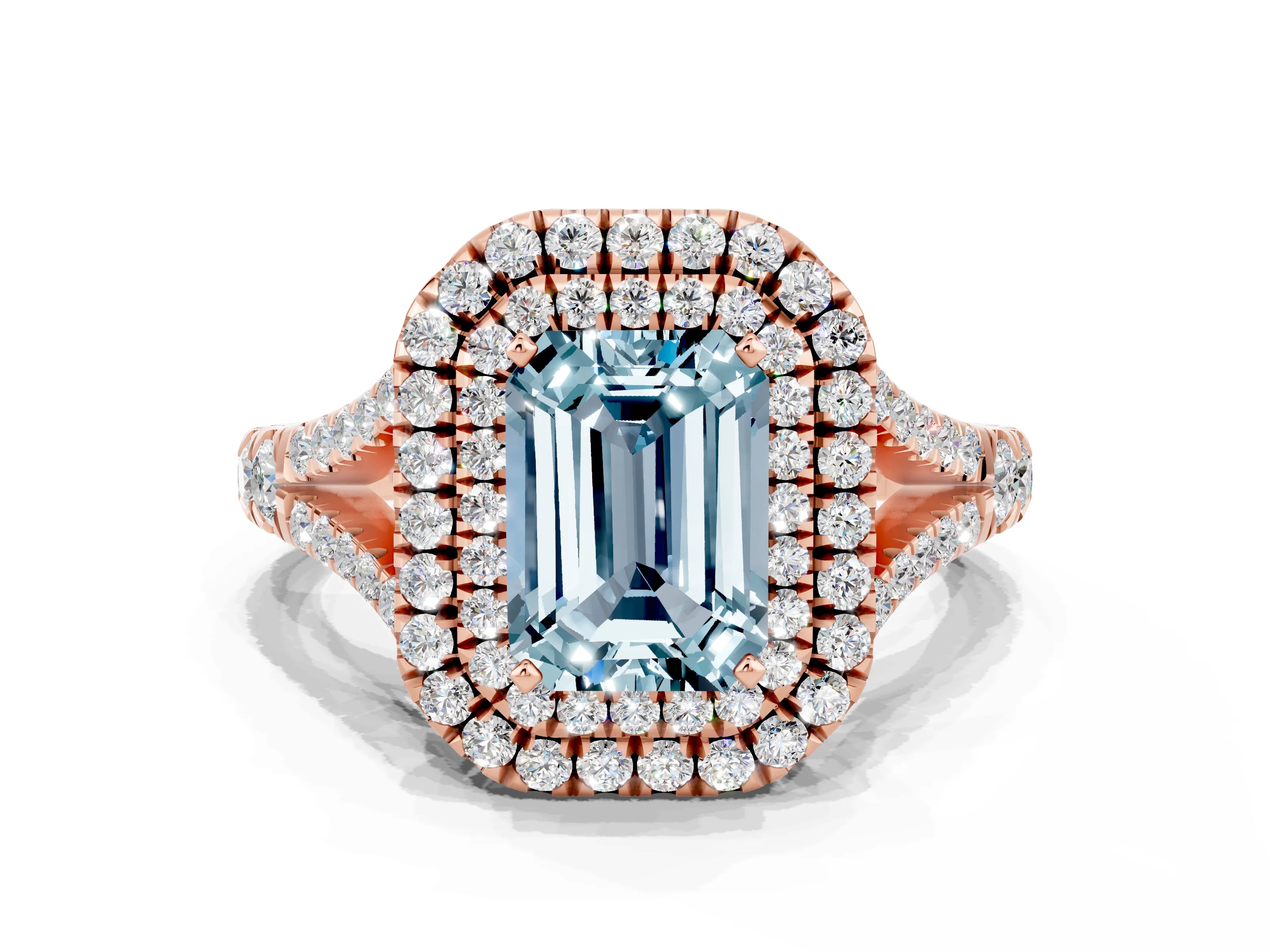 Rose gold Emerald Cut Aquamarine Double Halo Ring with Split Shank and Prong Setting_12