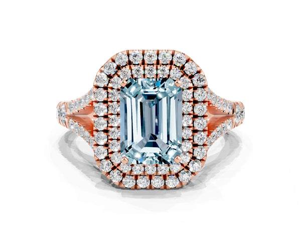 Rose gold Emerald Cut Aquamarine Double Halo Ring with Split Shank and Prong Setting