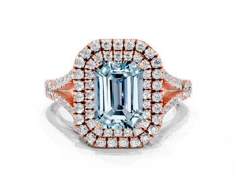 Rose gold Emerald Cut Aquamarine Double Halo Ring with Split Shank and Prong Setting_12