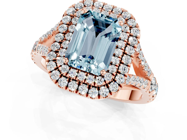 Rose gold Emerald Cut Aquamarine Double Halo Ring with Split Shank and Prong Setting