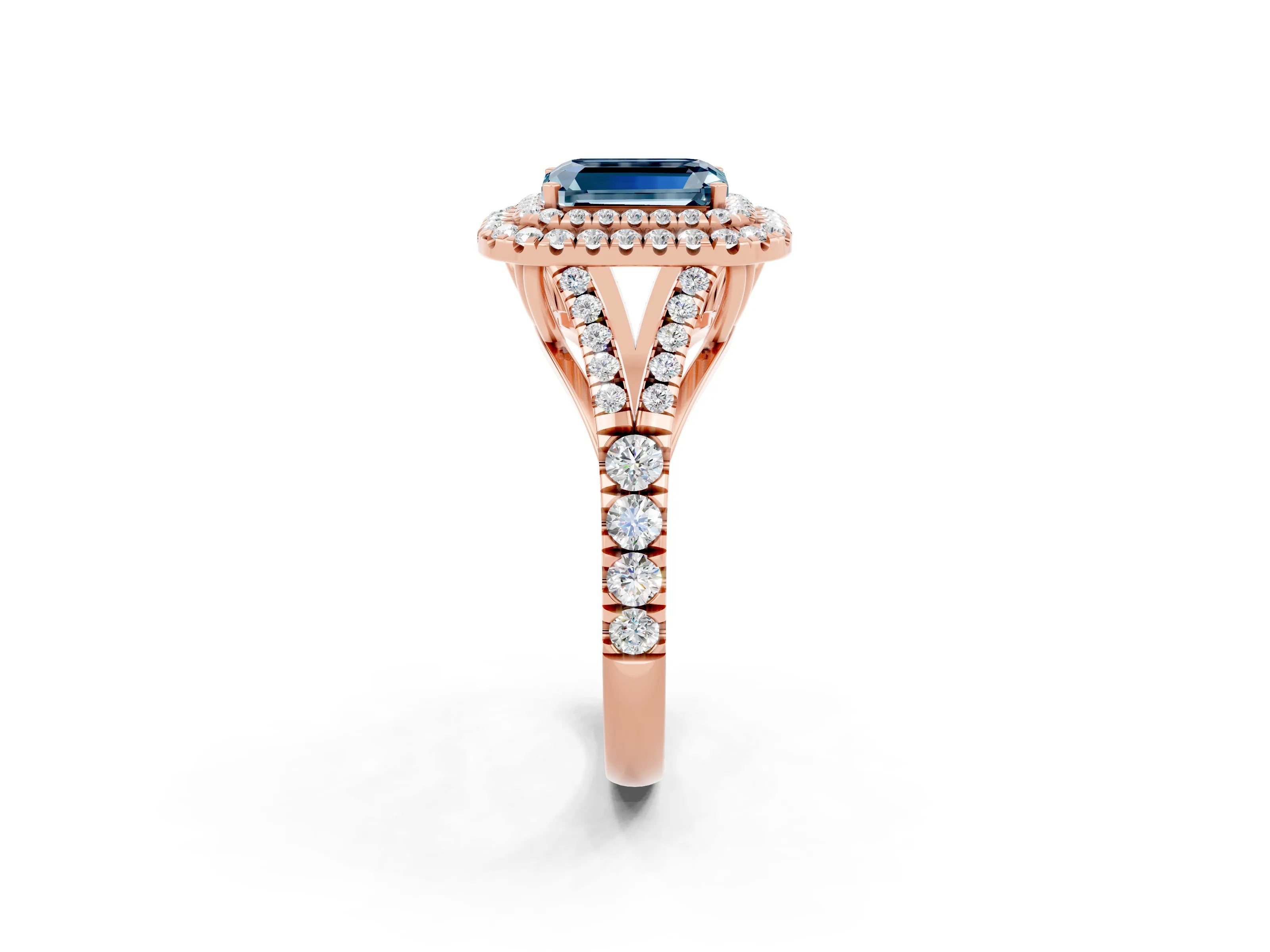 Rose gold Emerald Cut Aquamarine Double Halo Ring with Split Shank and Prong Setting_14