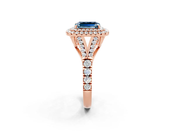Rose gold Emerald Cut Aquamarine Double Halo Ring with Split Shank and Prong Setting