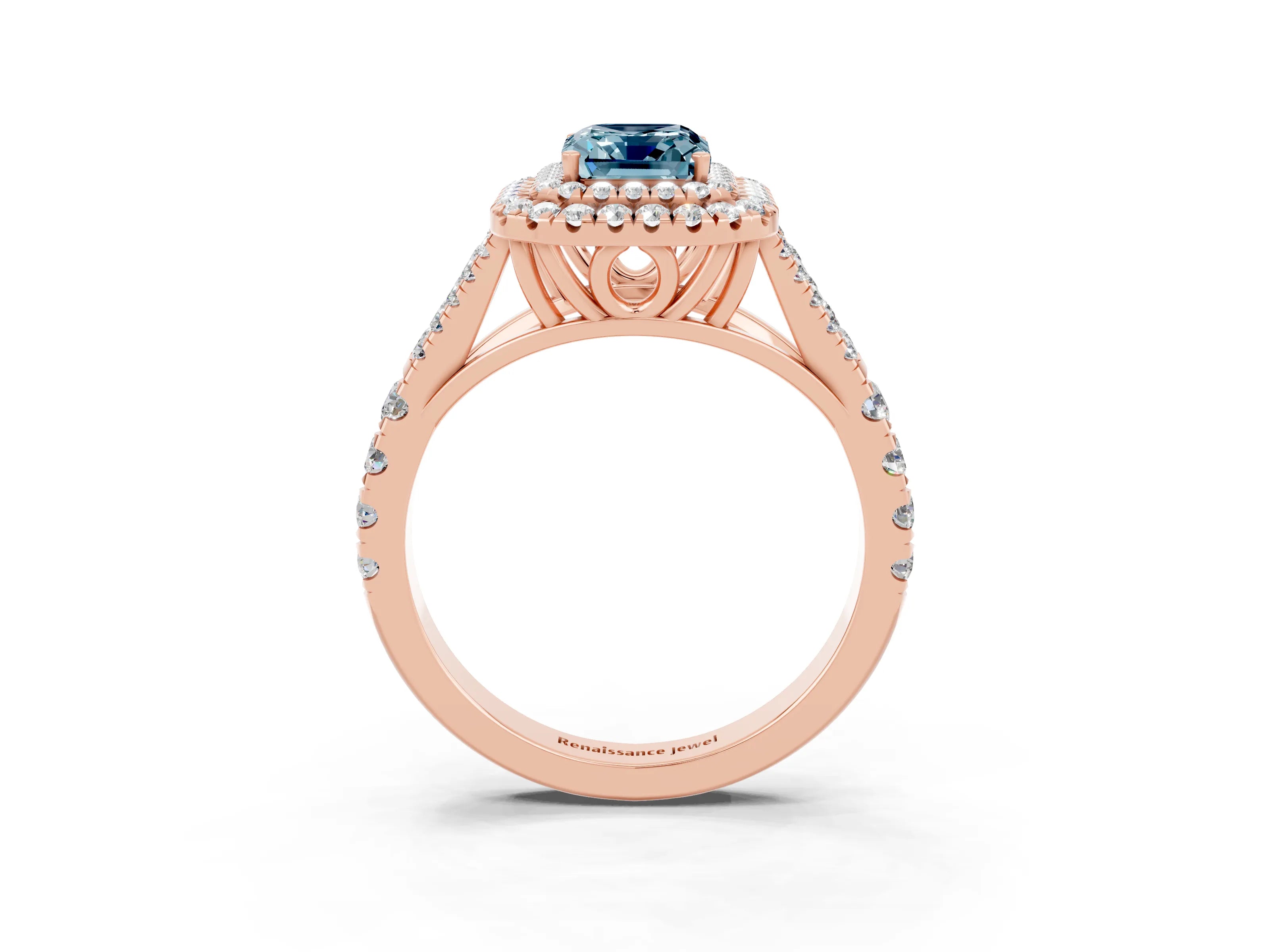 Rose gold Emerald Cut Aquamarine Double Halo Ring with Split Shank and Prong Setting_15