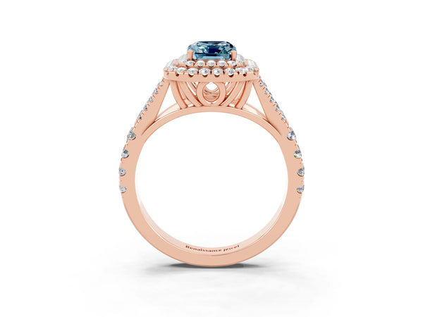 Rose gold Emerald Cut Aquamarine Double Halo Ring with Split Shank and Prong Setting