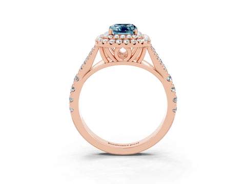 Rose gold Emerald Cut Aquamarine Double Halo Ring with Split Shank and Prong Setting_15