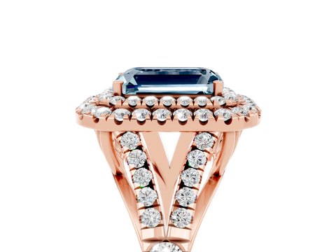 Rose gold Emerald Cut Aquamarine Double Halo Ring with Split Shank and Prong Setting_17