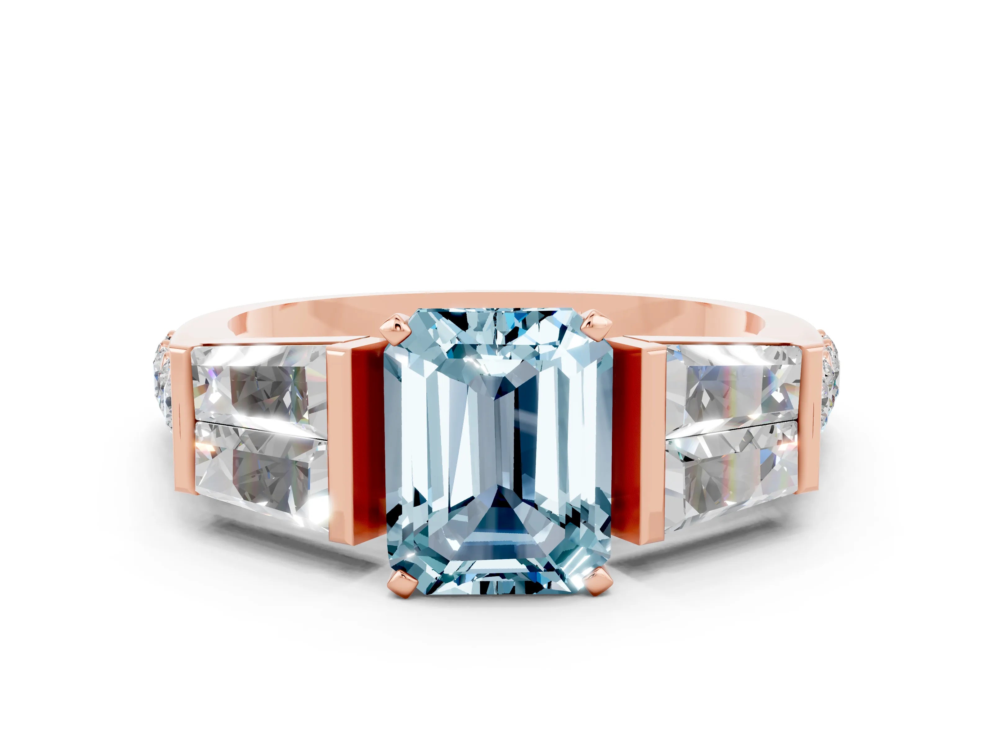 Rose gold Emerald Cut Aquamarine Engagement Ring with Baguette Side Stones and Channel Set Band