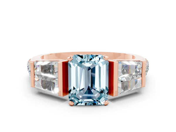 Rose gold Emerald Cut Aquamarine Engagement Ring with Baguette Side Stones and Channel Set Band