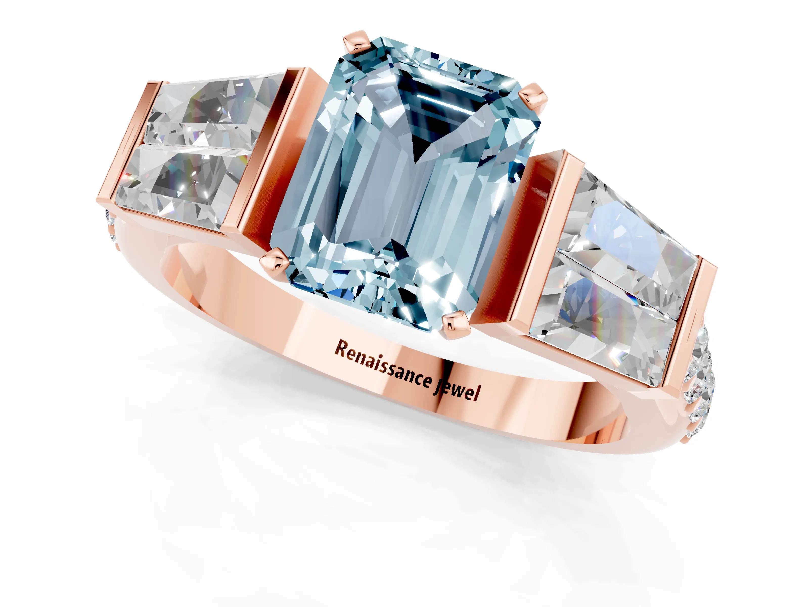 Rose gold Emerald Cut Aquamarine Engagement Ring with Baguette Side Stones and Channel Set Band_1