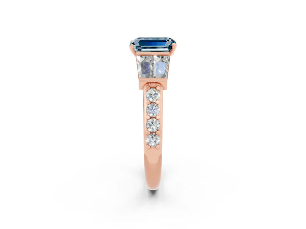 Rose gold Emerald Cut Aquamarine Engagement Ring with Baguette Side Stones and Channel Set Band