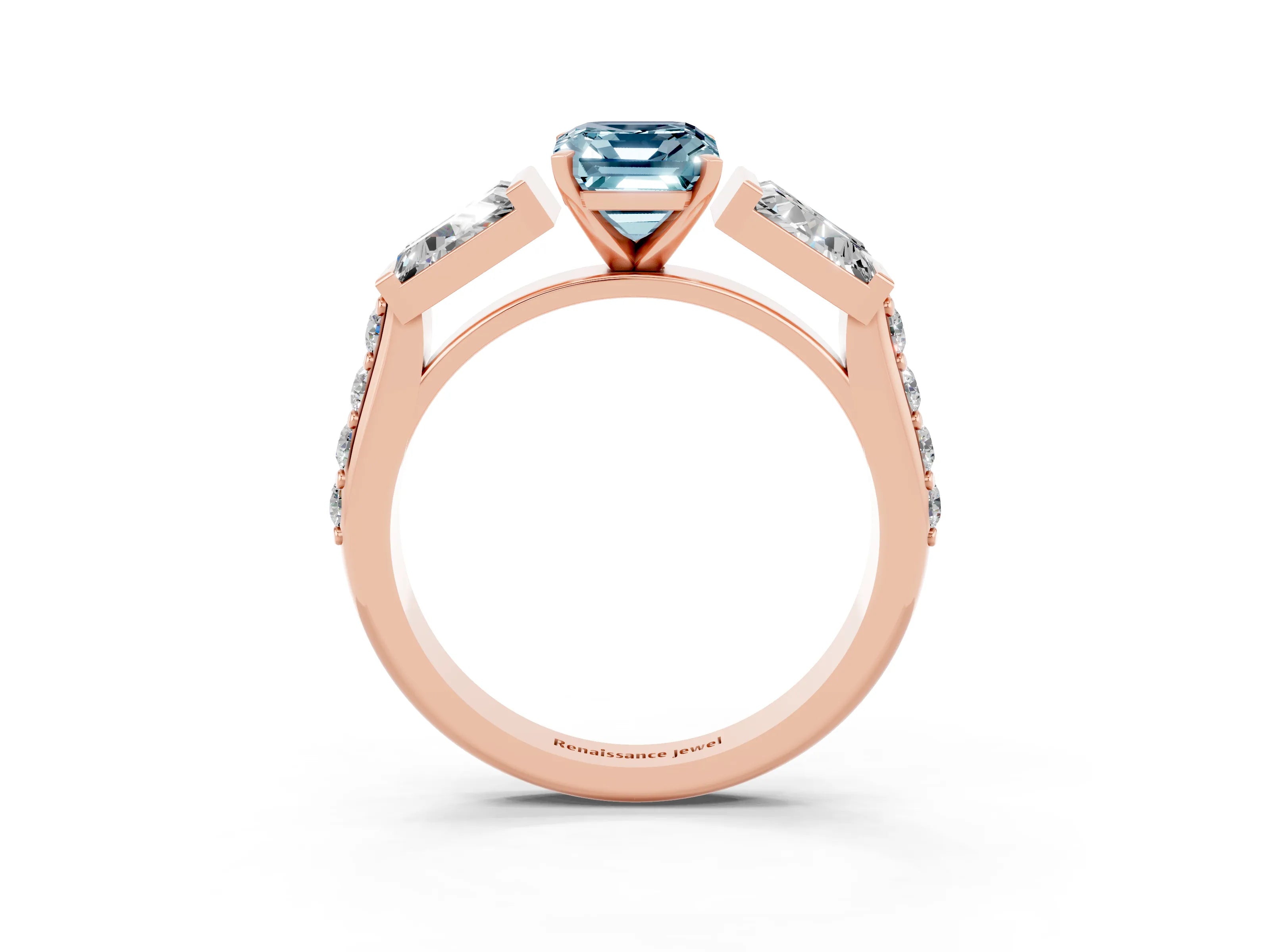 Rose gold Emerald Cut Aquamarine Engagement Ring with Baguette Side Stones and Channel Set Band_3