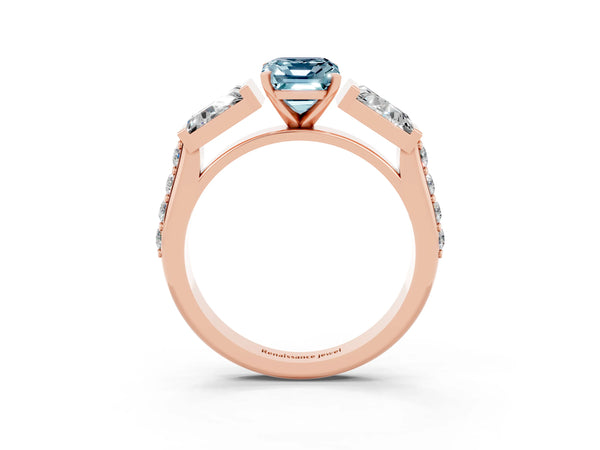 Rose gold Emerald Cut Aquamarine Engagement Ring with Baguette Side Stones and Channel Set Band