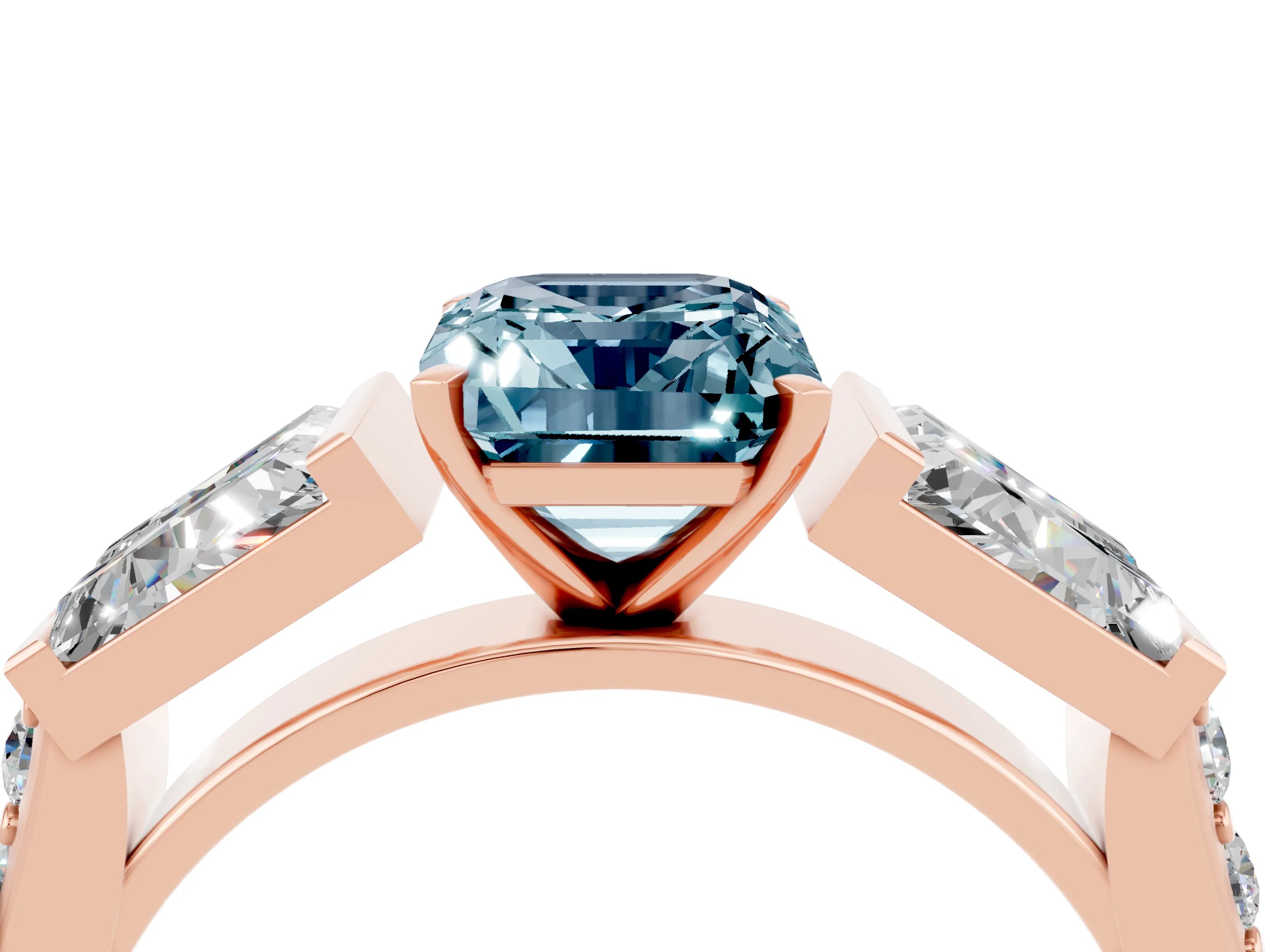 Rose gold Emerald Cut Aquamarine Engagement Ring with Baguette Side Stones and Channel Set Band_4
