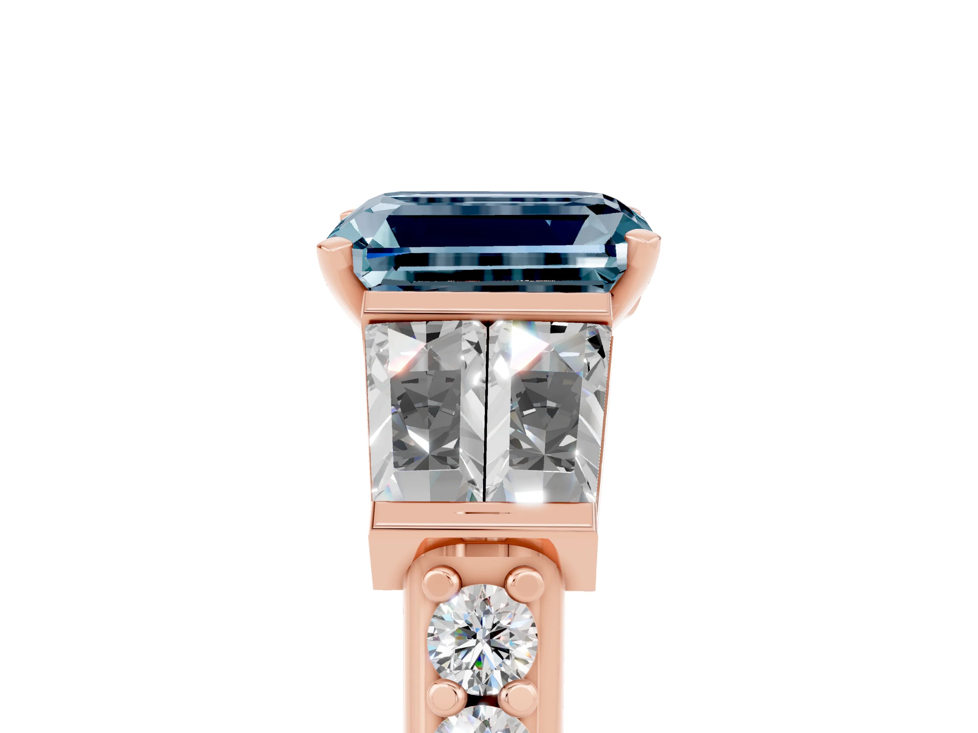 Rose gold Emerald Cut Aquamarine Engagement Ring with Baguette Side Stones and Channel Set Band_5