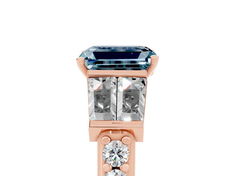 Rose gold Emerald Cut Aquamarine Engagement Ring with Baguette Side Stones and Channel Set Band_5