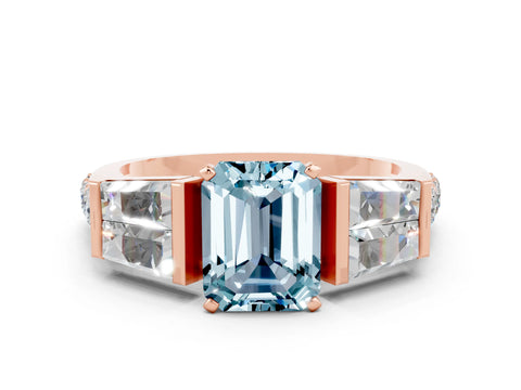 Rose gold Emerald Cut Aquamarine Engagement Ring with Baguette Side Stones and Channel Set Band
