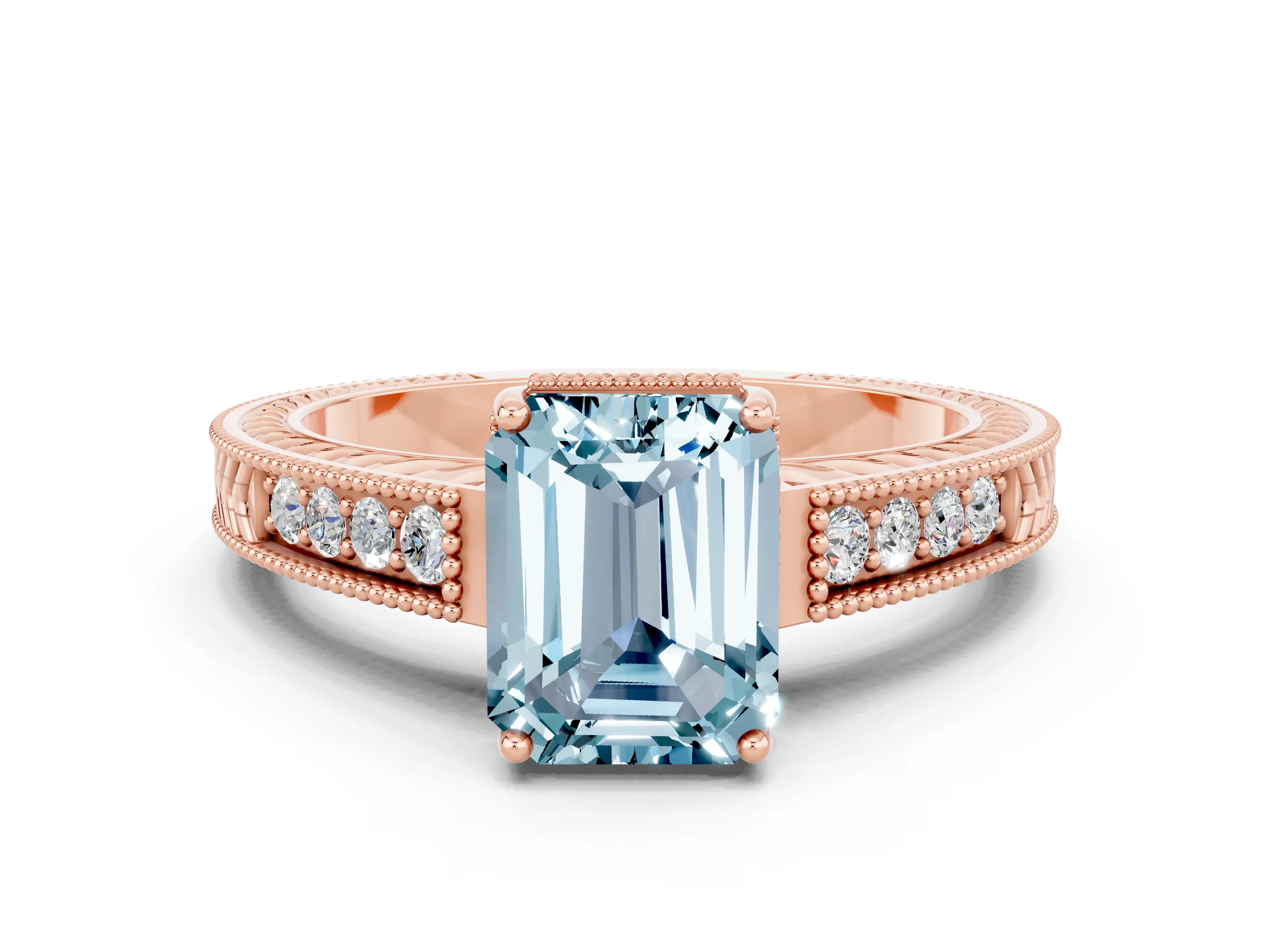 Rose gold Emerald Cut Aquamarine Engagement Ring with Milgrain Channel Set Band and Prong Setting