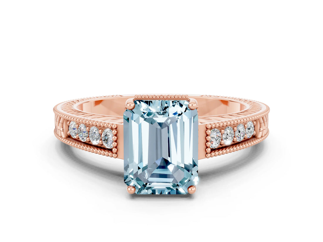 Rose gold Emerald Cut Aquamarine Engagement Ring with Milgrain Channel Set Band and Prong Setting