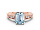 Rose gold Emerald Cut Aquamarine Engagement Ring with Milgrain Channel Set Band and Prong Setting