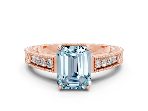 Rose gold Emerald Cut Aquamarine Engagement Ring with Milgrain Channel Set Band and Prong Setting