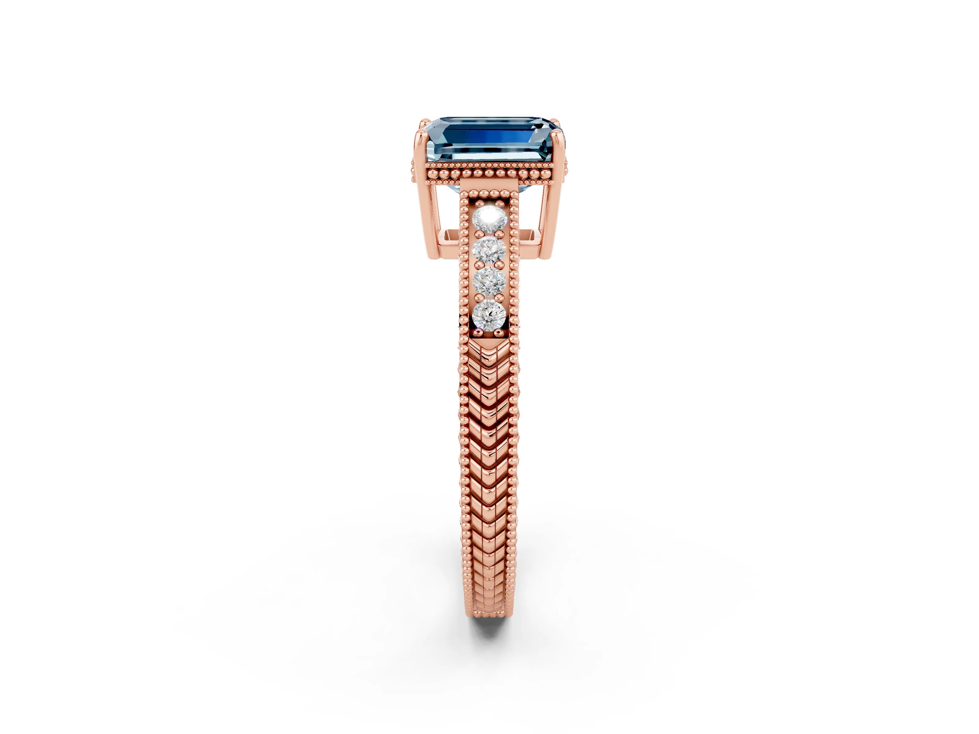 Rose gold Emerald Cut Aquamarine Engagement Ring with Milgrain Channel Set Band and Prong Setting_2
