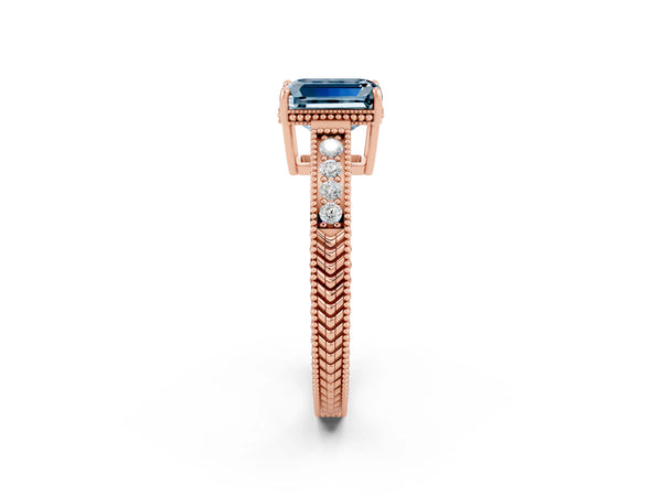Rose gold Emerald Cut Aquamarine Engagement Ring with Milgrain Channel Set Band and Prong Setting