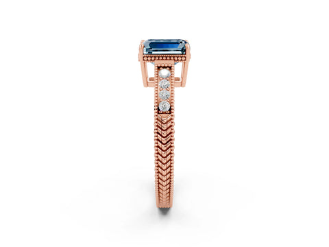 Rose gold Emerald Cut Aquamarine Engagement Ring with Milgrain Channel Set Band and Prong Setting_2