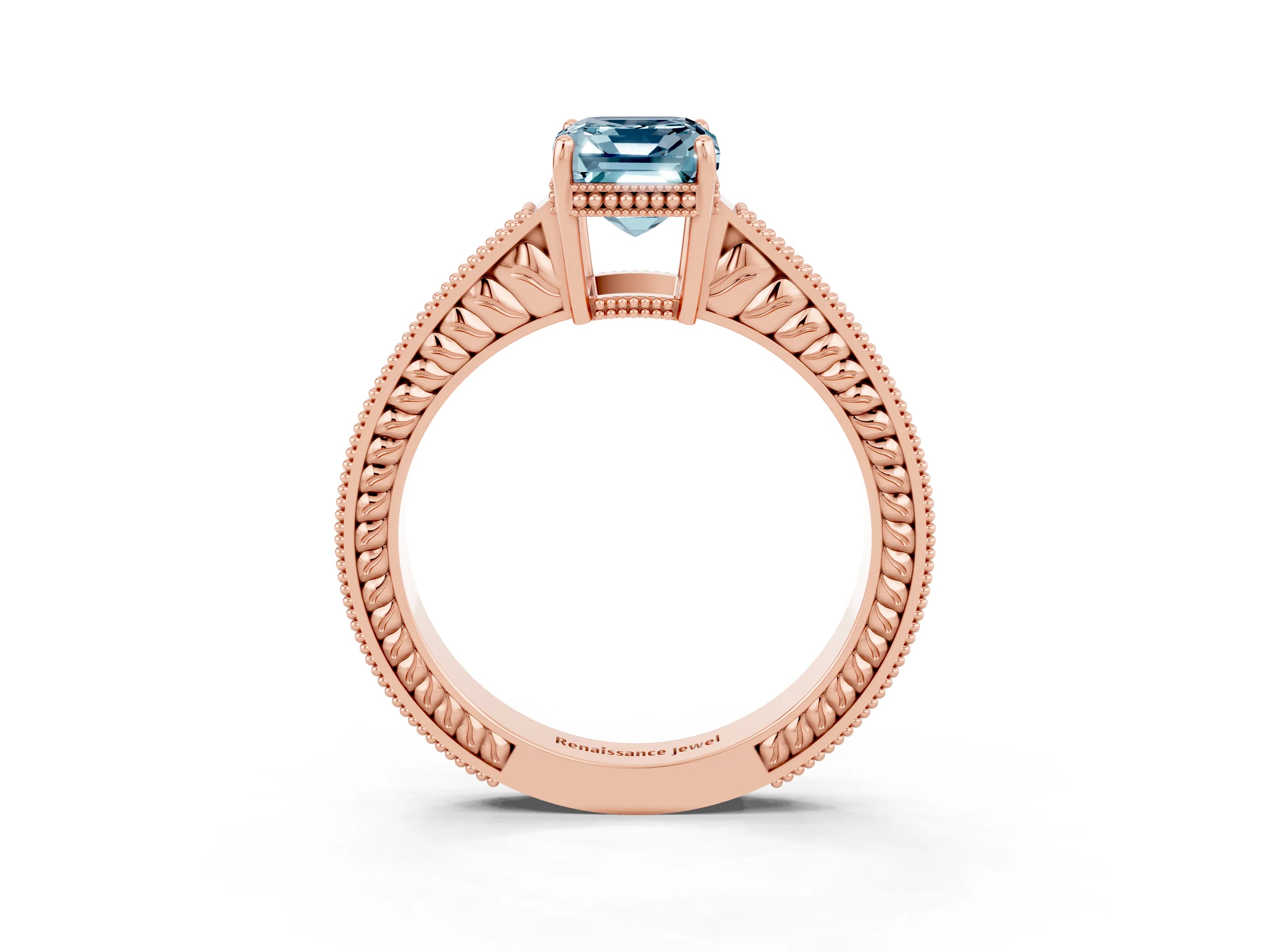 Rose gold Emerald Cut Aquamarine Engagement Ring with Milgrain Channel Set Band and Prong Setting_3