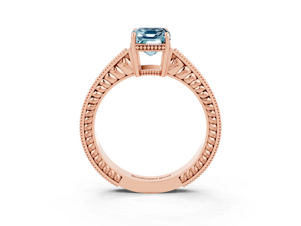 Rose gold Emerald Cut Aquamarine Engagement Ring with Milgrain Channel Set Band and Prong Setting