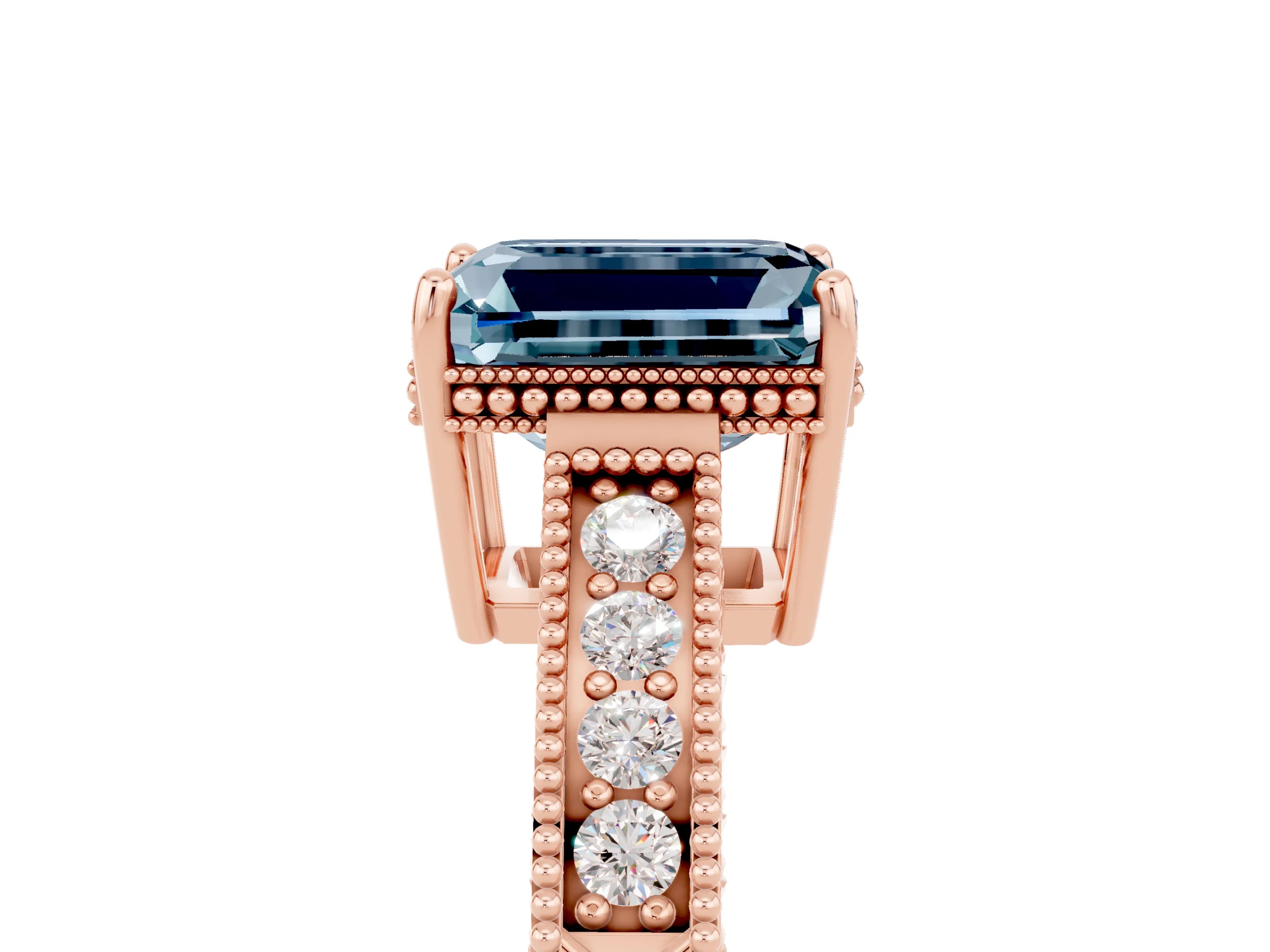 Rose gold Emerald Cut Aquamarine Engagement Ring with Milgrain Channel Set Band and Prong Setting_5