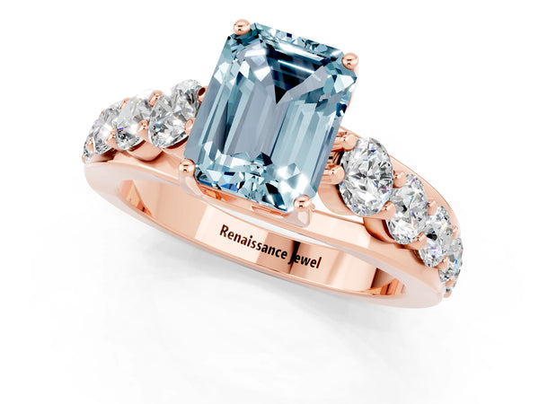 Rose gold Emerald Cut Aquamarine Engagement Ring with Pavé Band and Four-Prong Setting