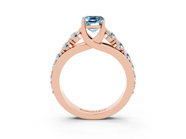 Rose gold Emerald Cut Aquamarine Engagement Ring with Pavé Band and Four-Prong Setting