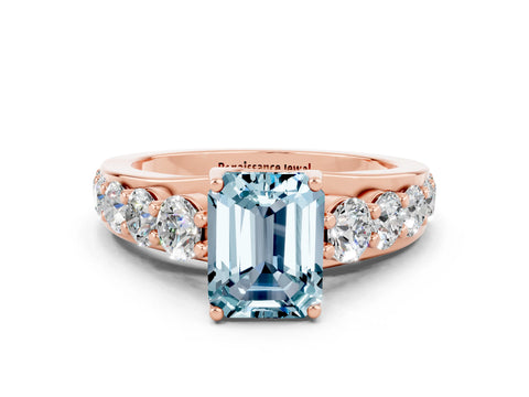 Rose gold Emerald Cut Aquamarine Engagement Ring with Pavé Band and Four-Prong Setting