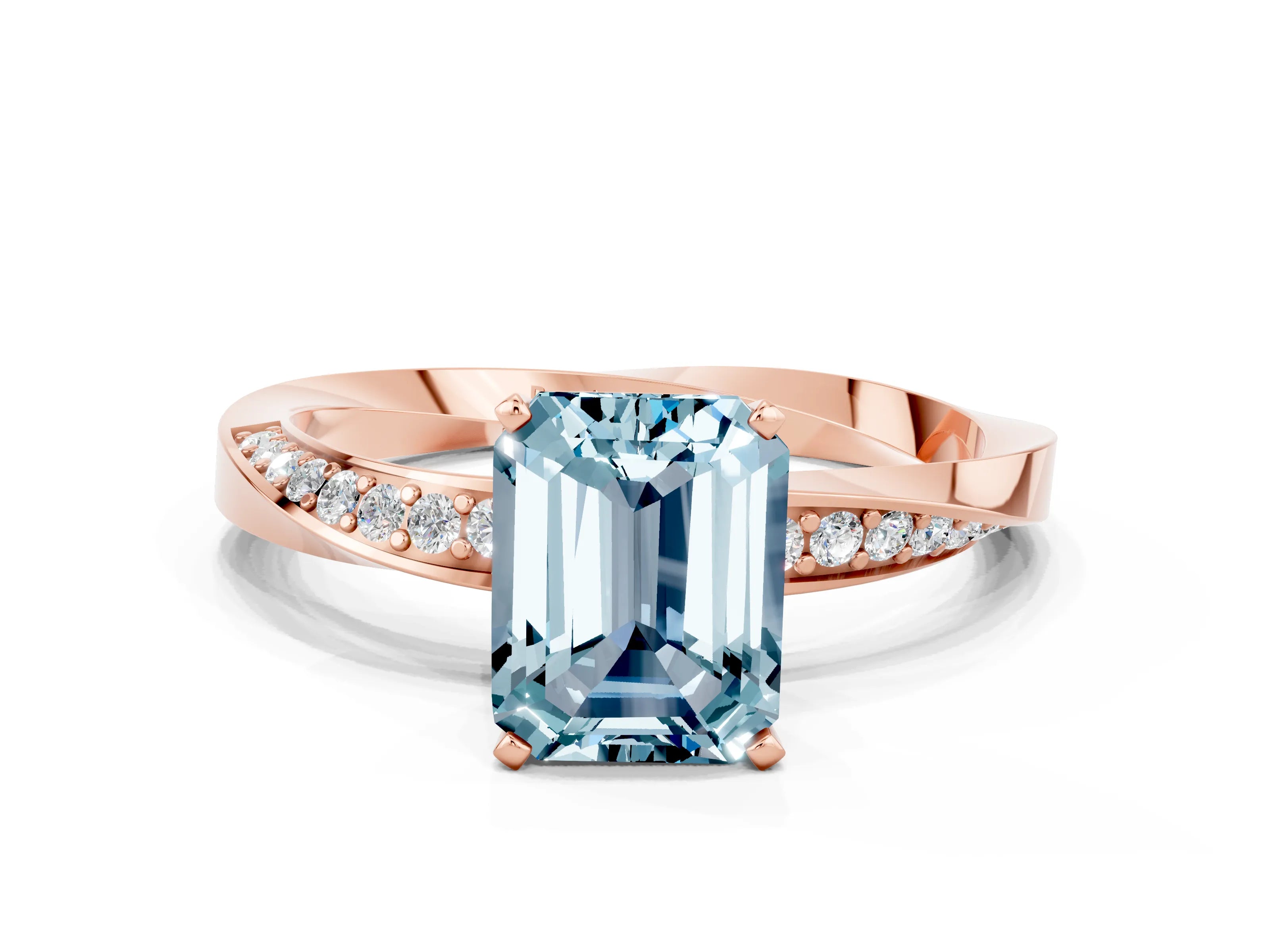 Rose gold Emerald Cut Aquamarine Engagement Ring with Side Stone Accents and Four-Prong Setting_27
