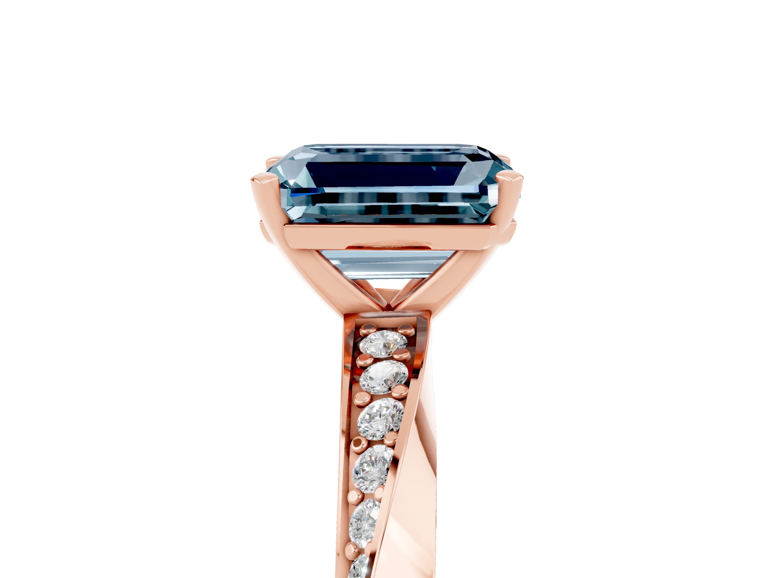 Rose gold Emerald Cut Aquamarine Engagement Ring with Side Stone Accents and Four-Prong Setting_32