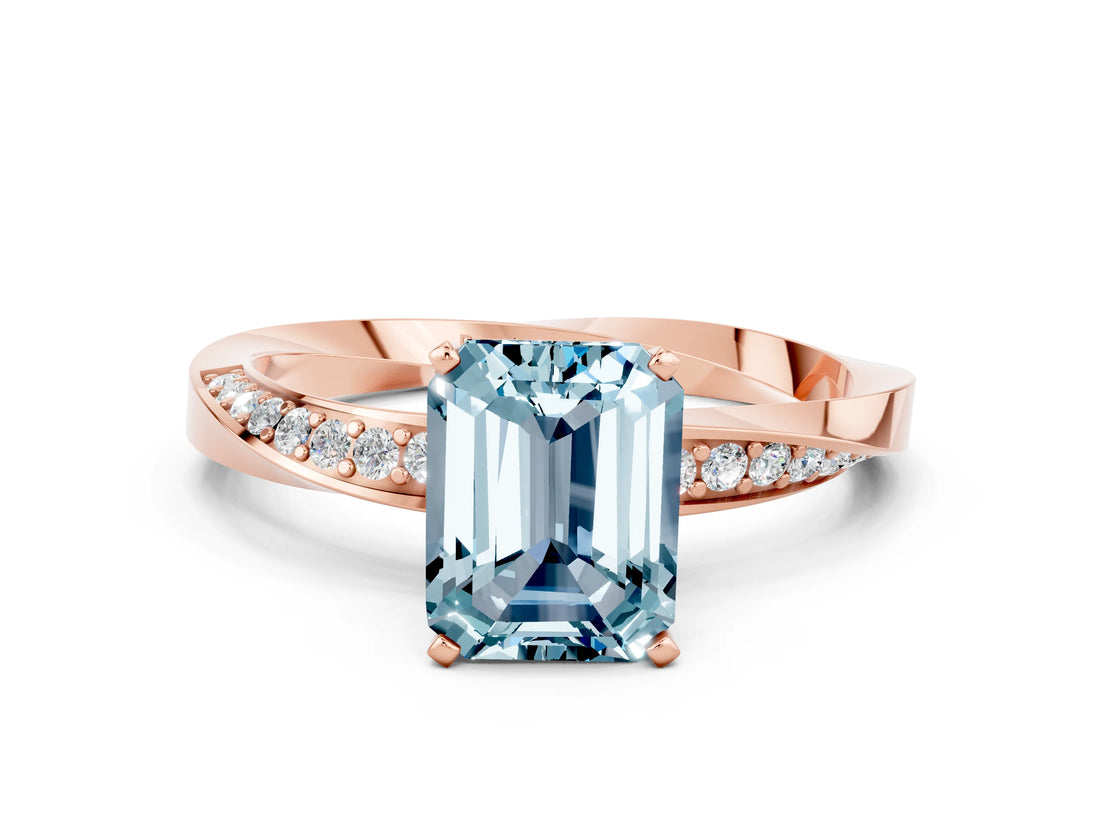 Rose gold Emerald Cut Aquamarine Engagement Ring with Side Stone Accents and Four-Prong Setting_60
